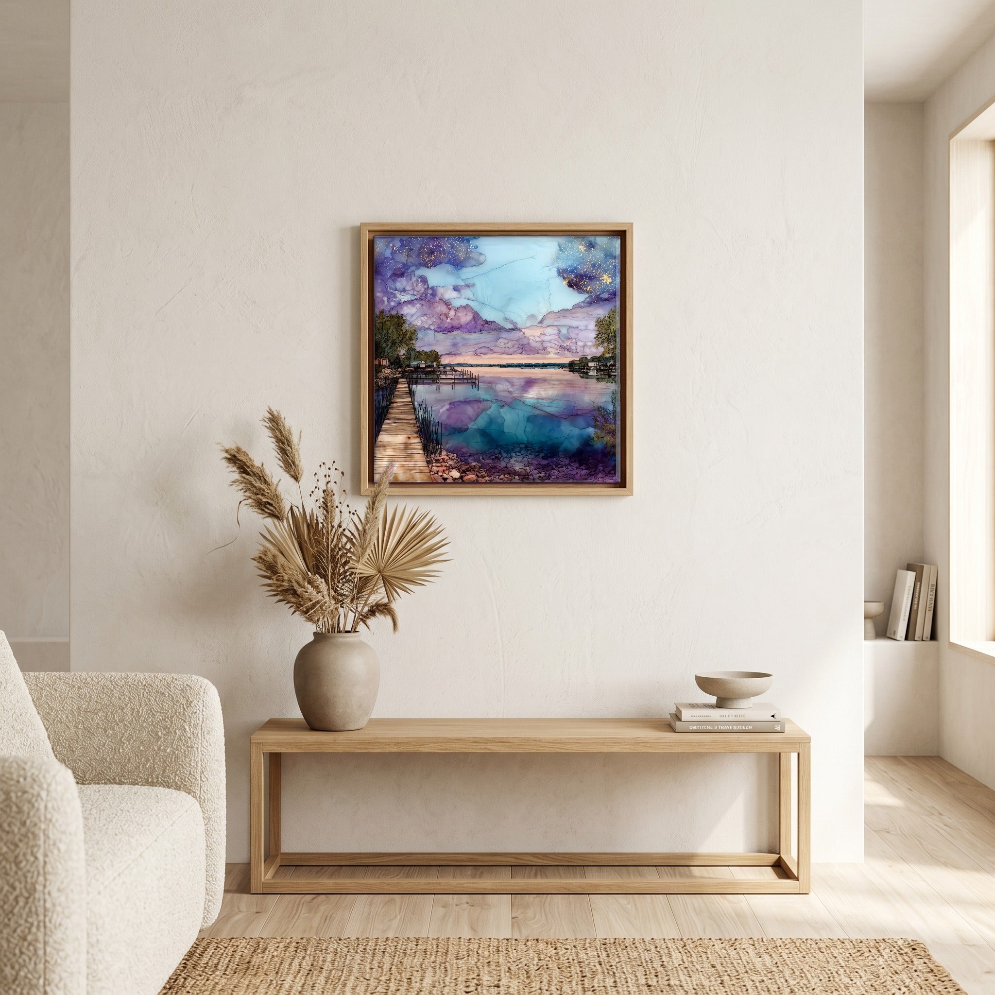 In the living room, above the sofa.