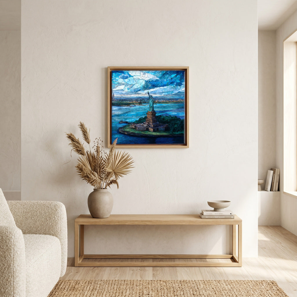 In the living room, above the sofa.