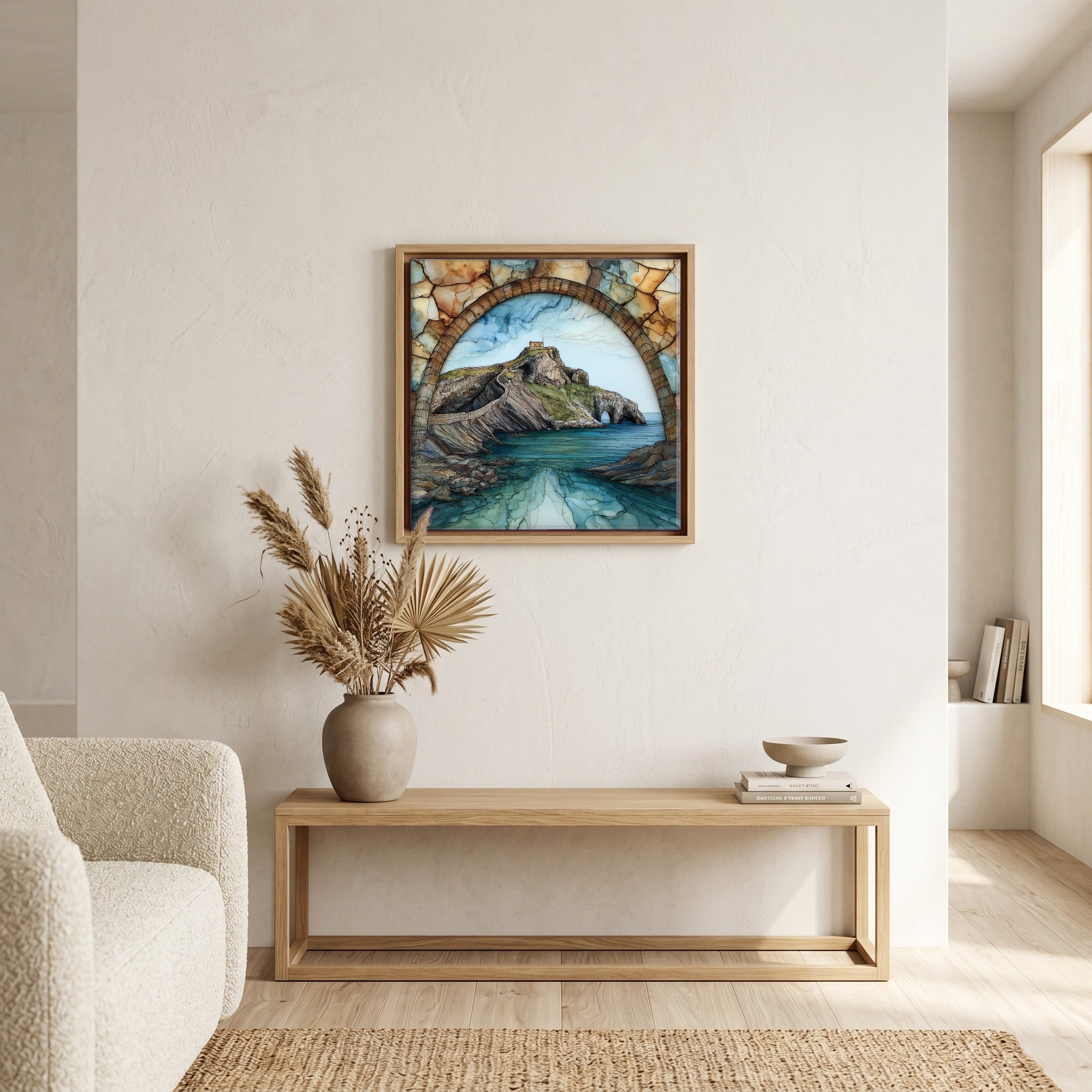 In the living room, above the sofa.