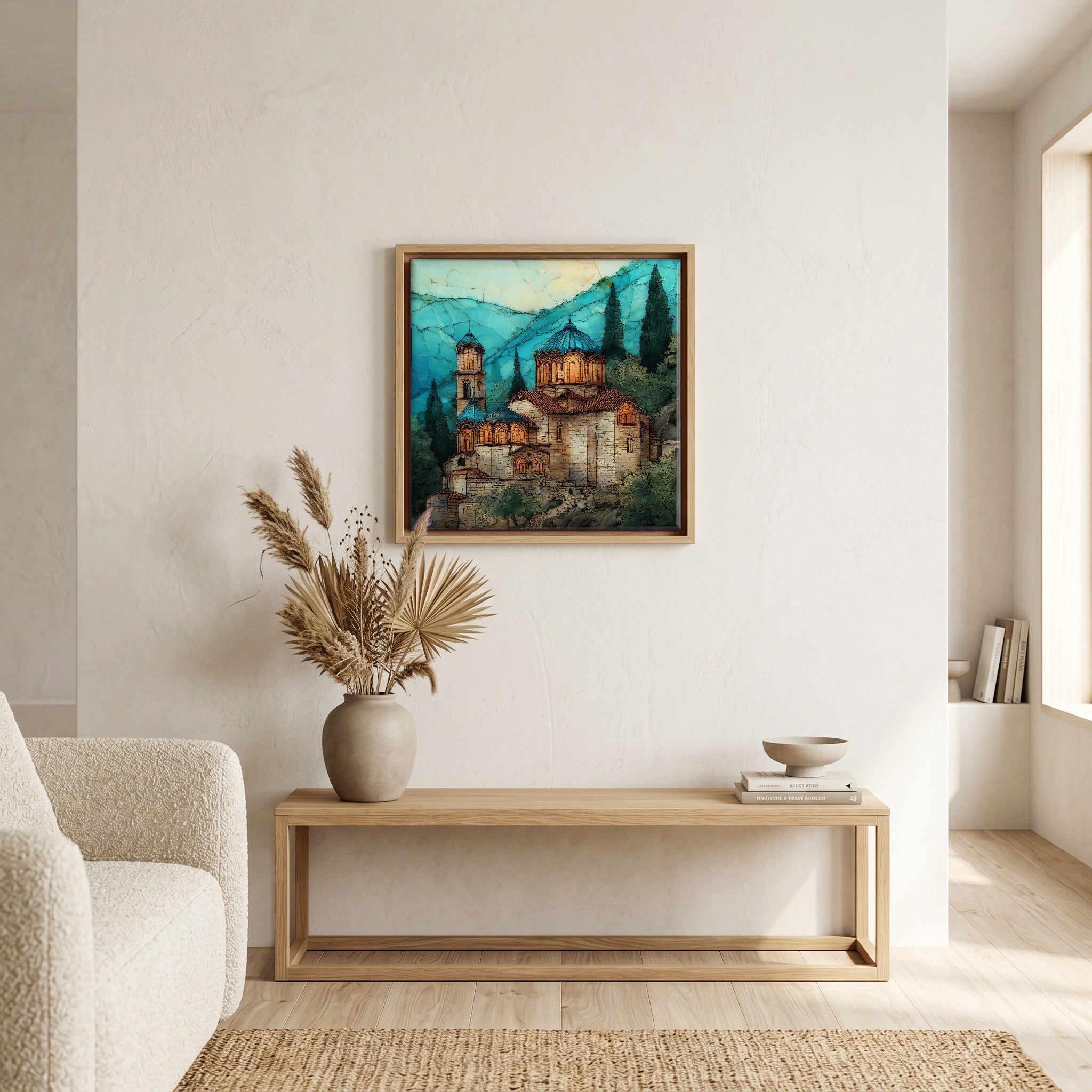In the living room, above the sofa.