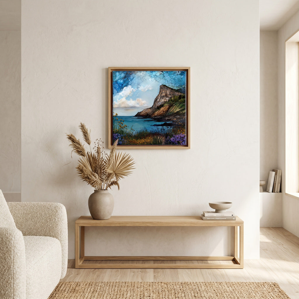 Above the bench, in a warm oak surround.