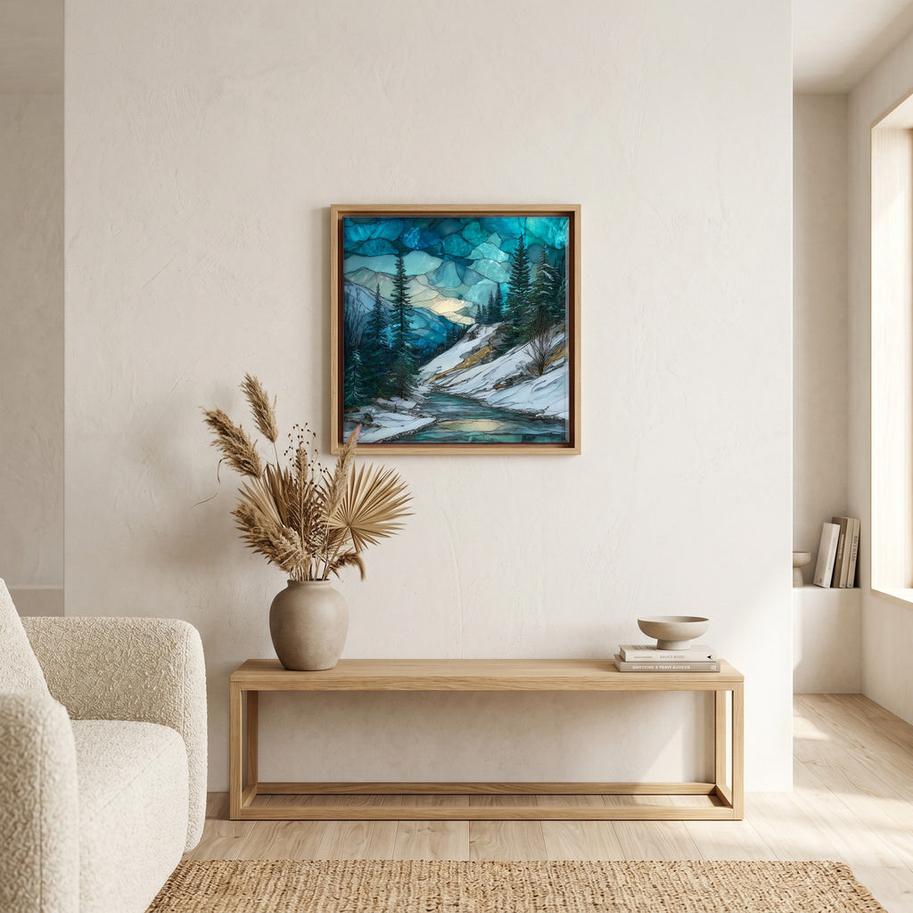 In the living room, above the sofa.