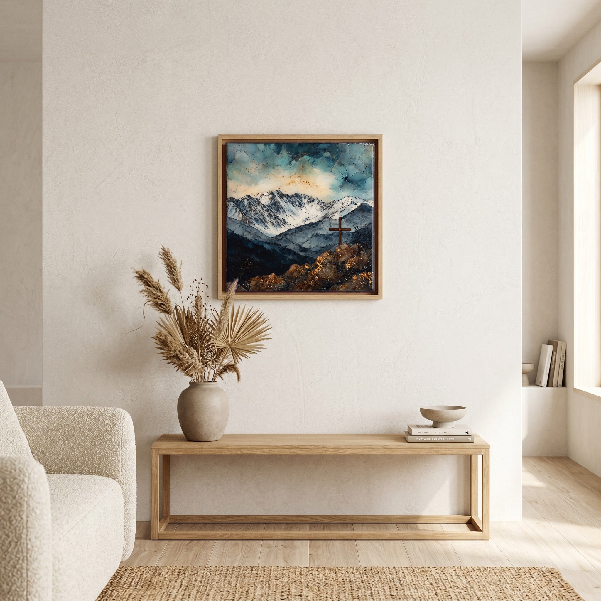 In the living room, above the sofa.
