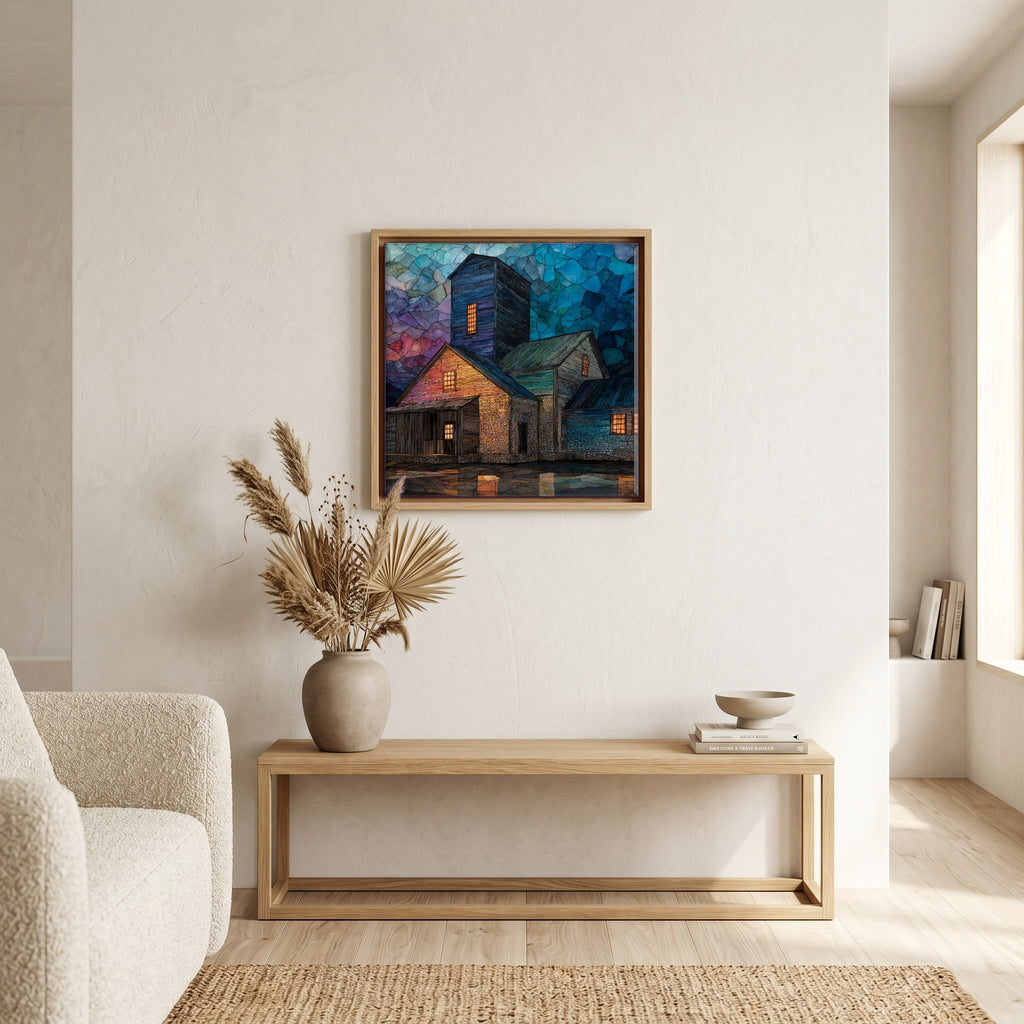 In the living room, above the sofa.