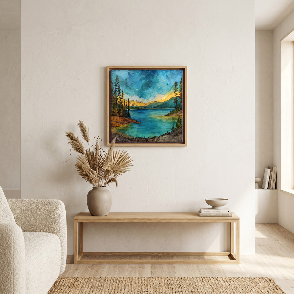 In the living room, above the sofa.