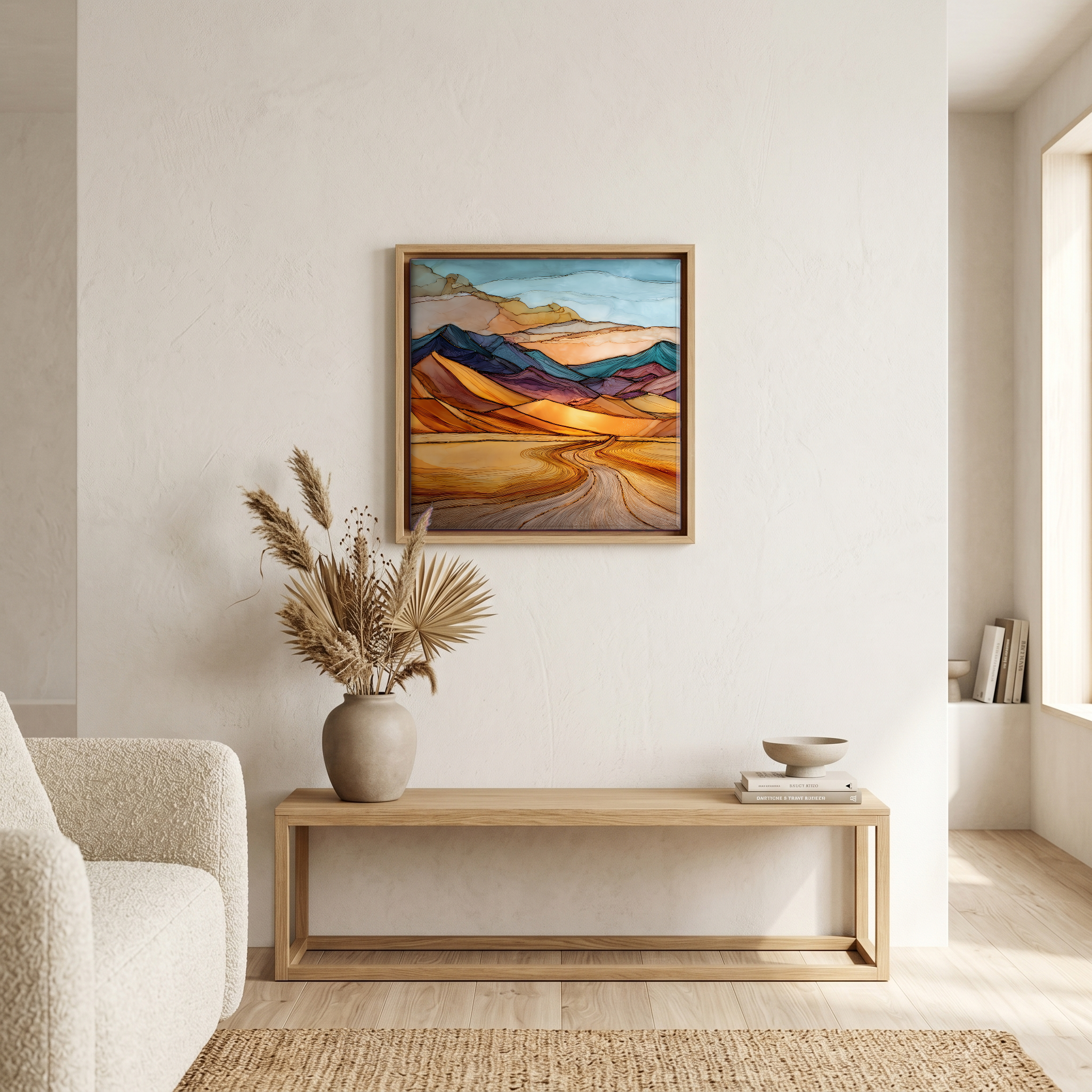 Above the bench, in a warm oak surround.