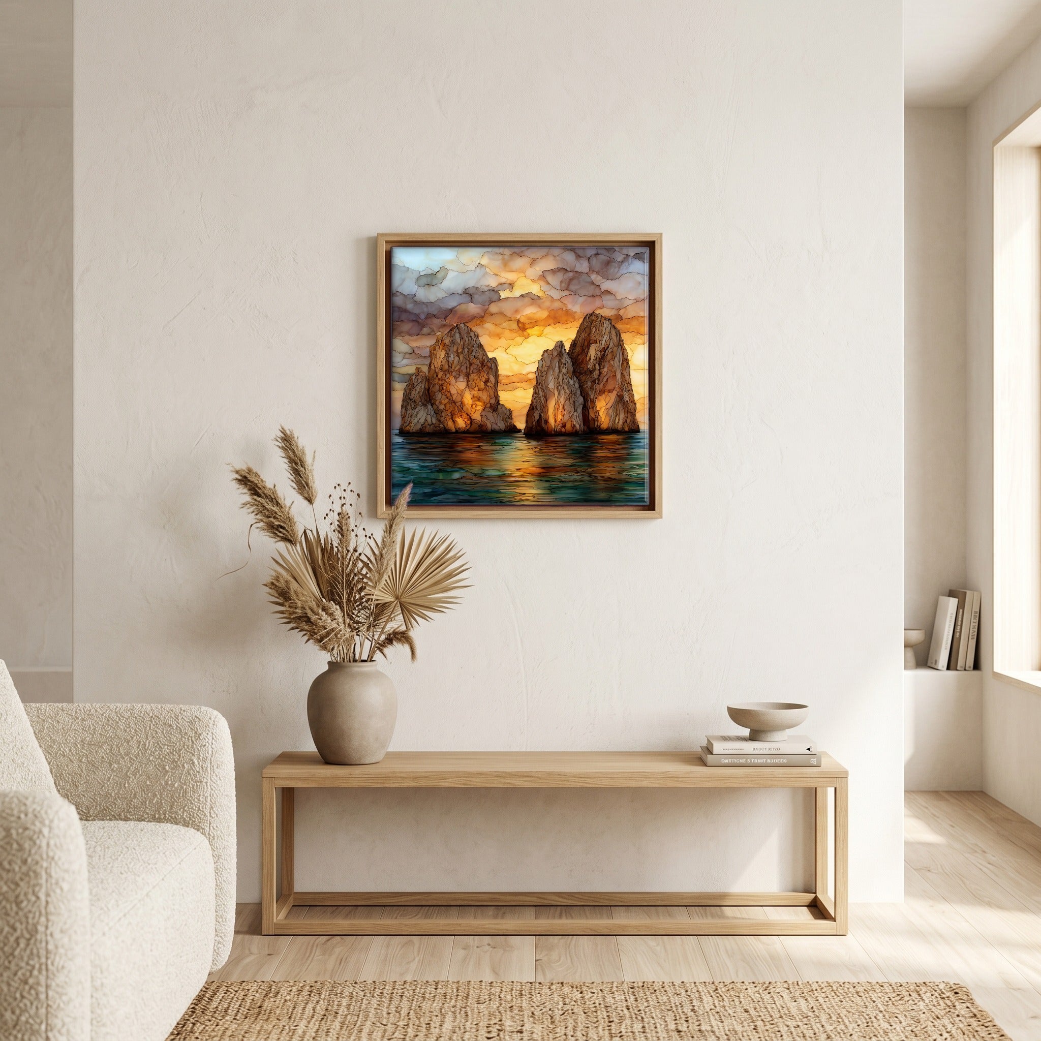 Above the bench, in a warm oak surround.