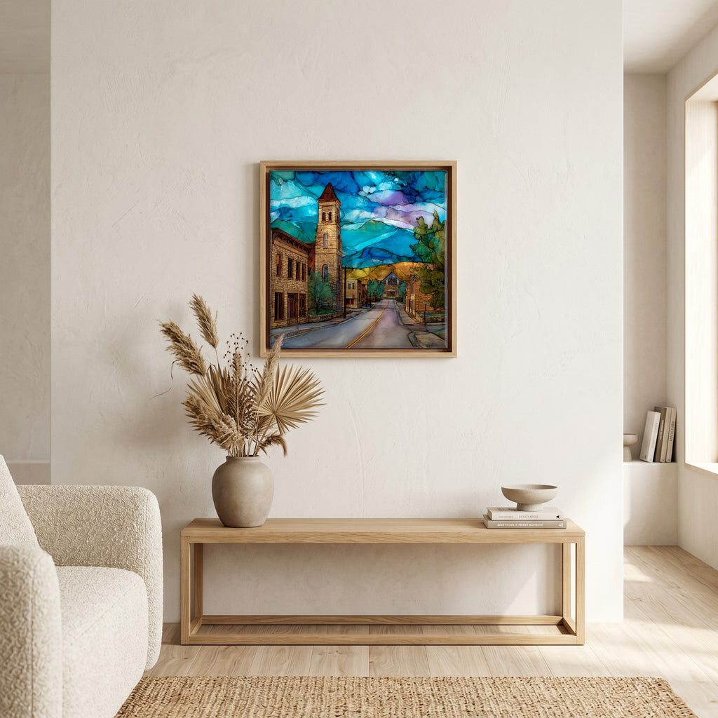 In the living room, above the sofa.