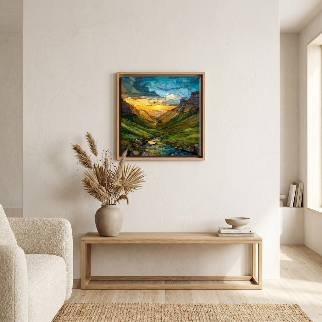 In the living room, above the sofa.
