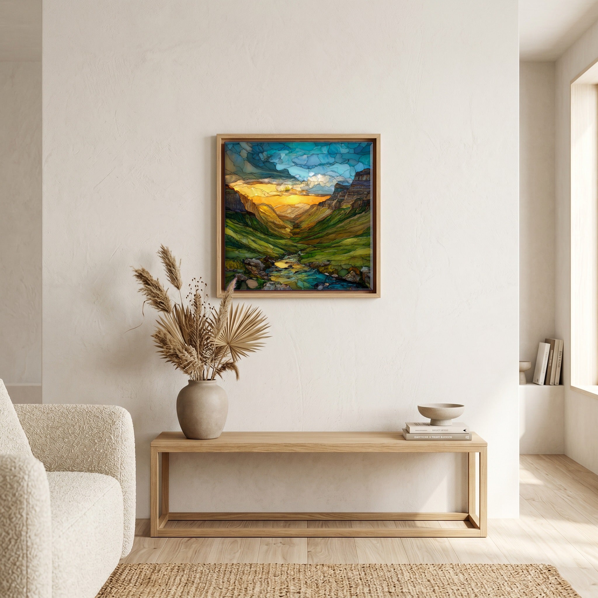 In the living room, above the sofa.