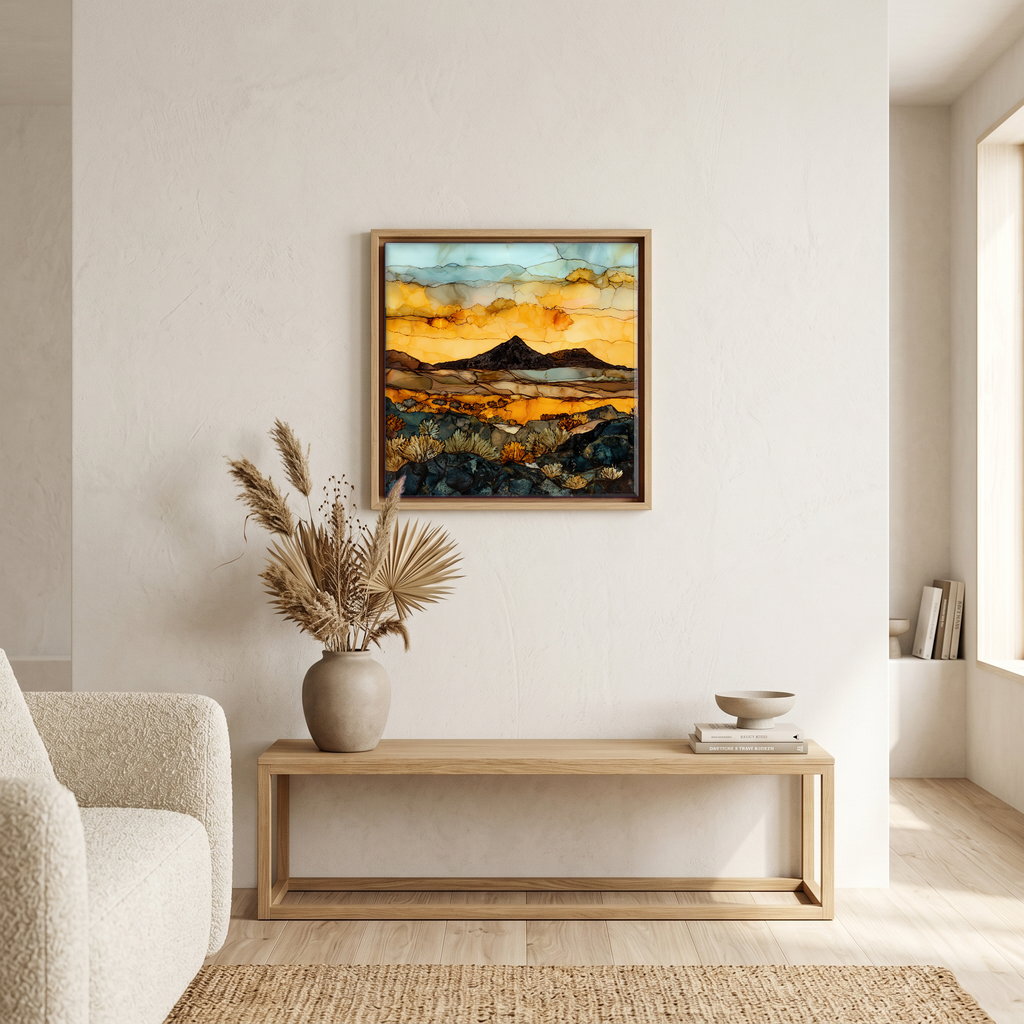 Above the bench, in a warm oak surround.