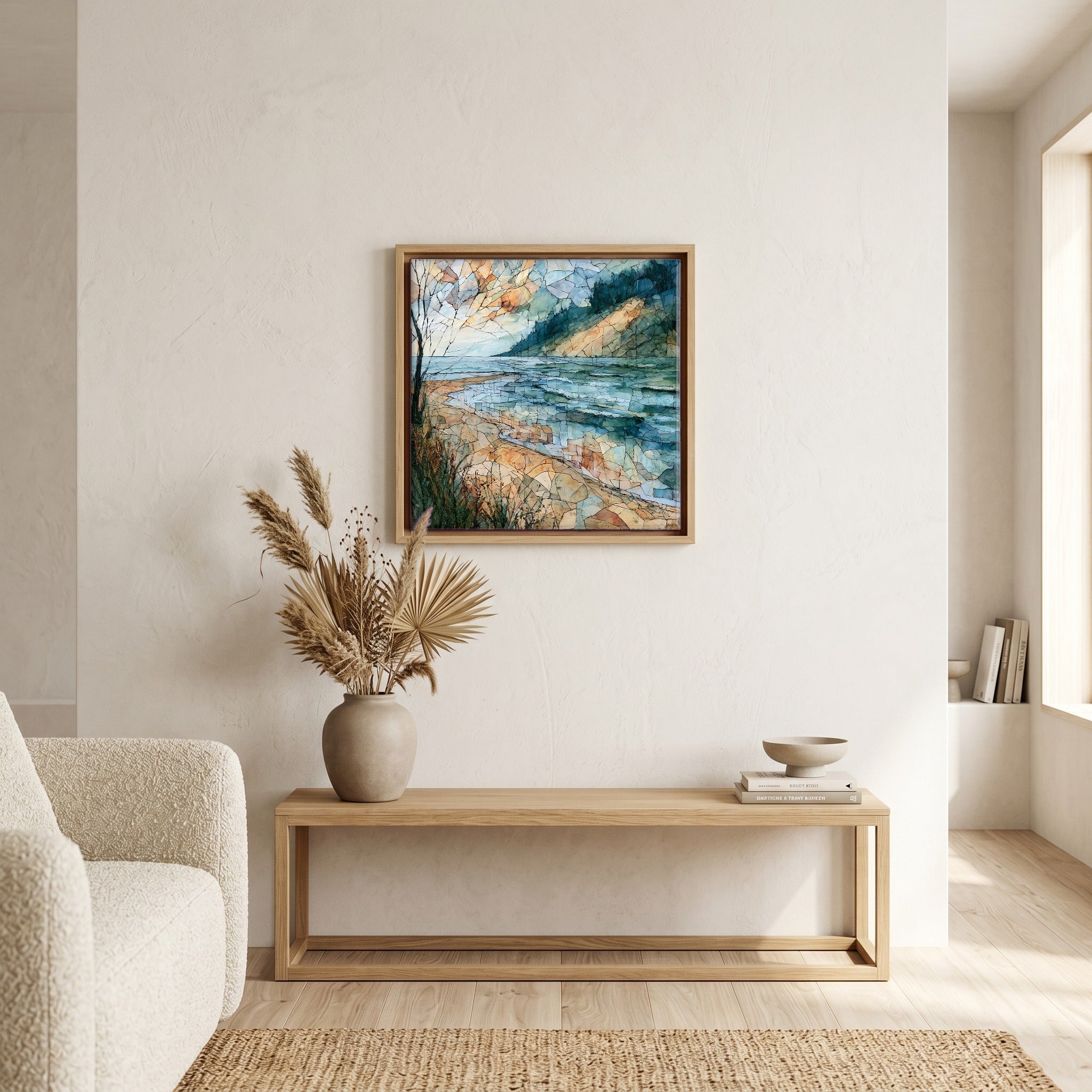 In the living room, above the sofa.