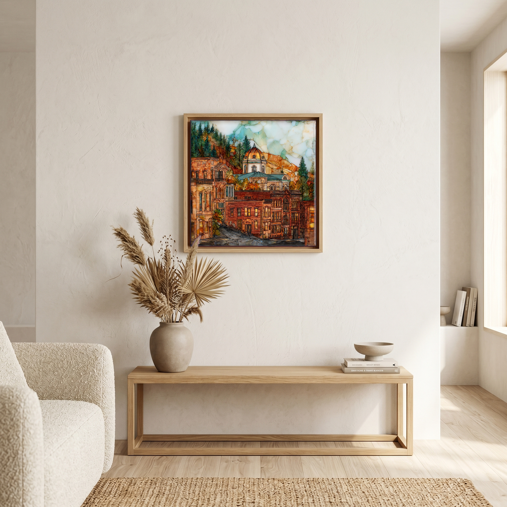 Above the bench, in a warm oak surround.