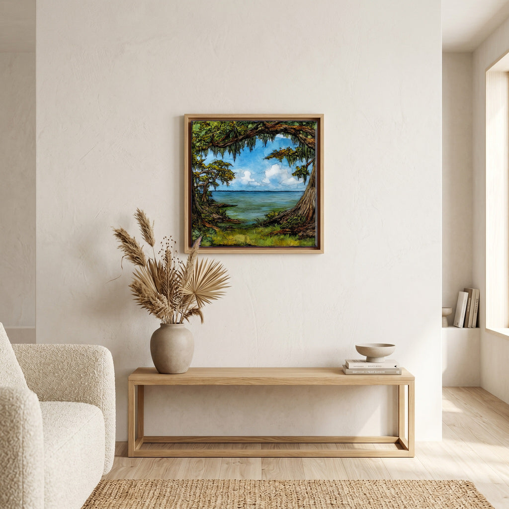 In the living room, above the sofa.