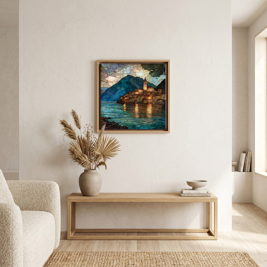 Above the bench, in a warm oak surround.