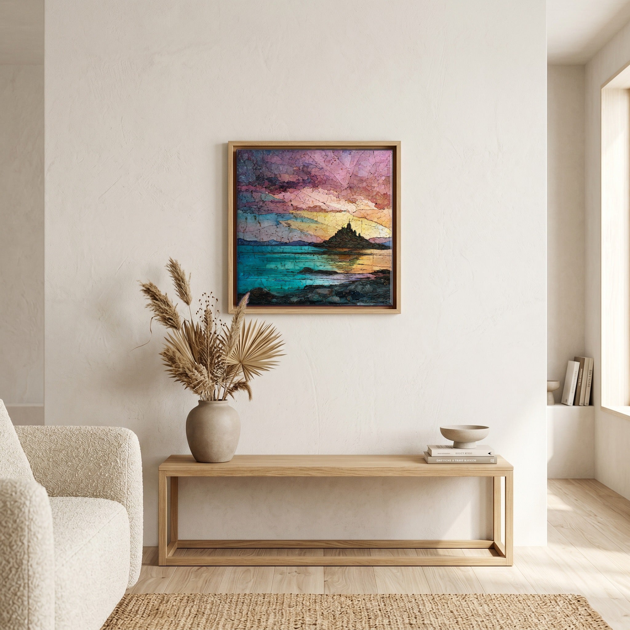 In the living room, above the sofa.