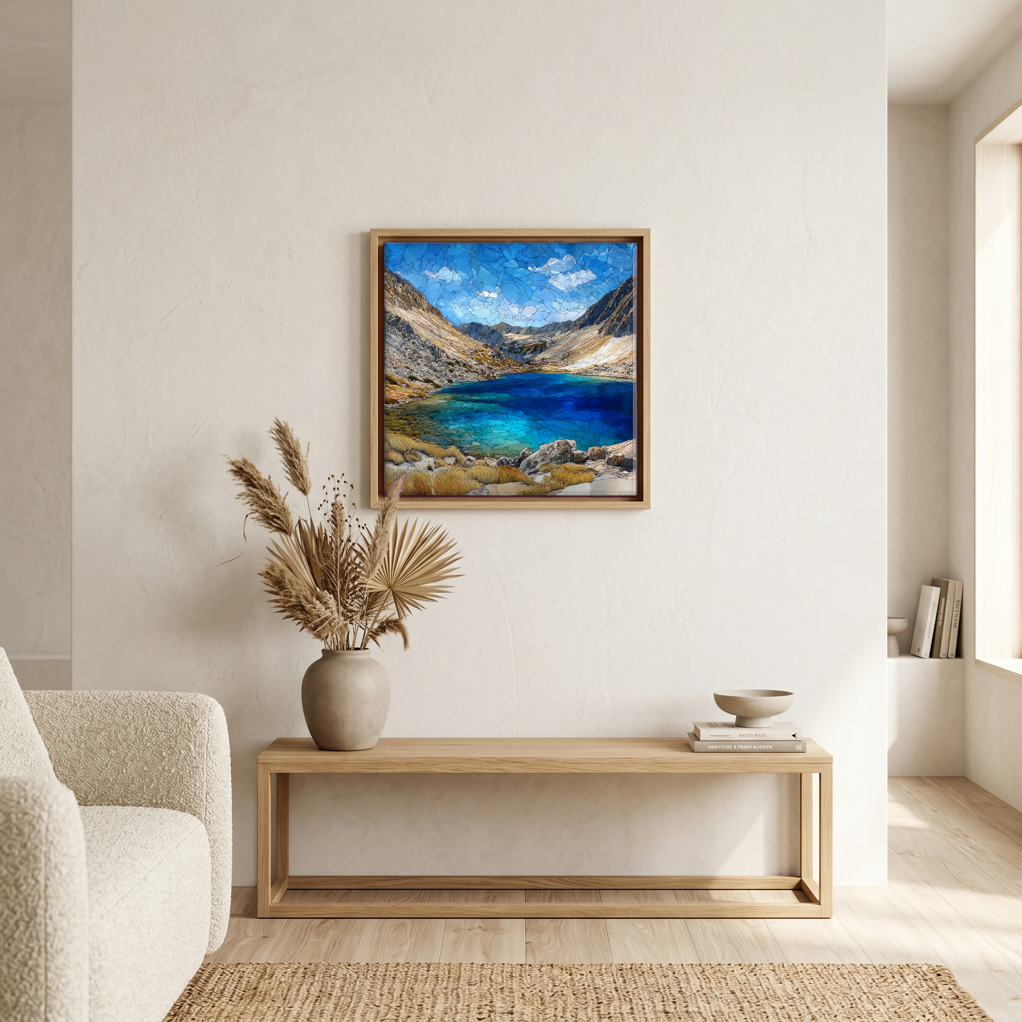Above the bench, in a warm oak surround.