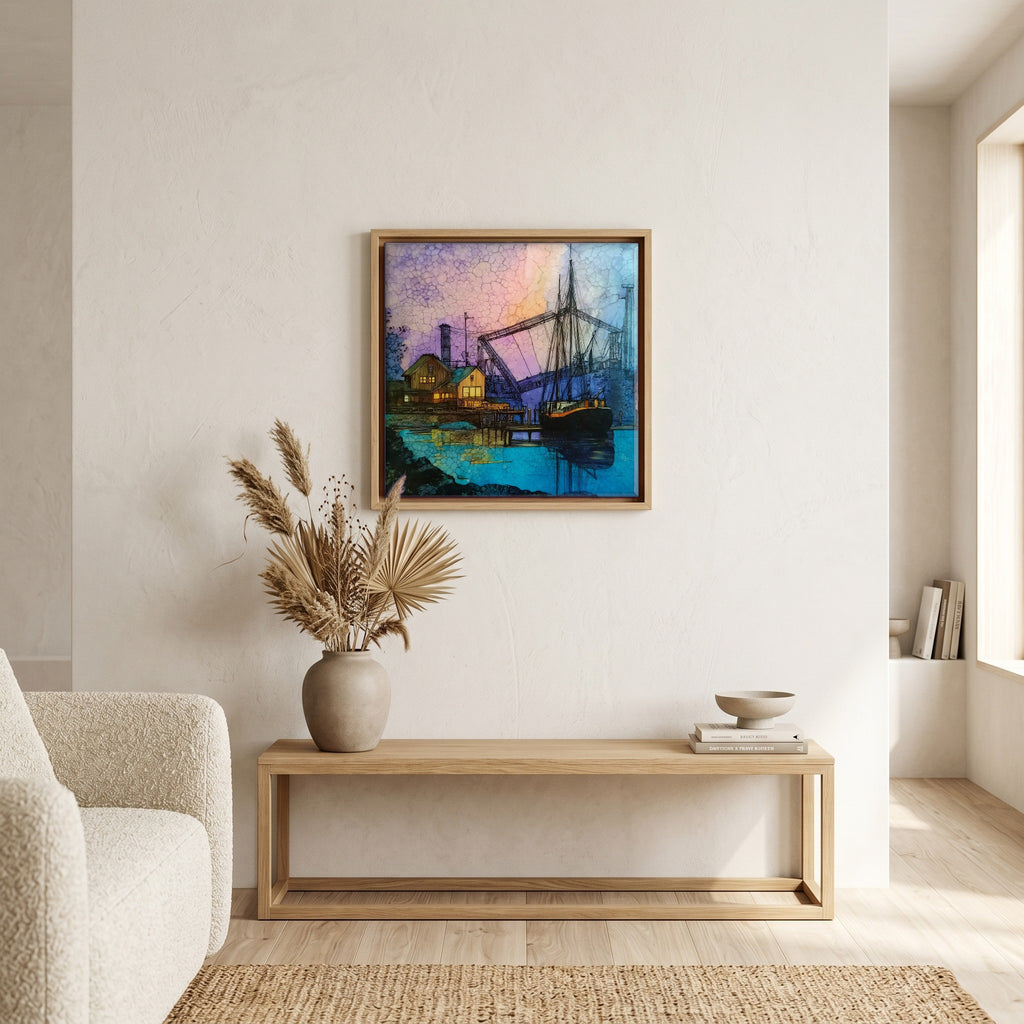 In the living room, above the sofa.