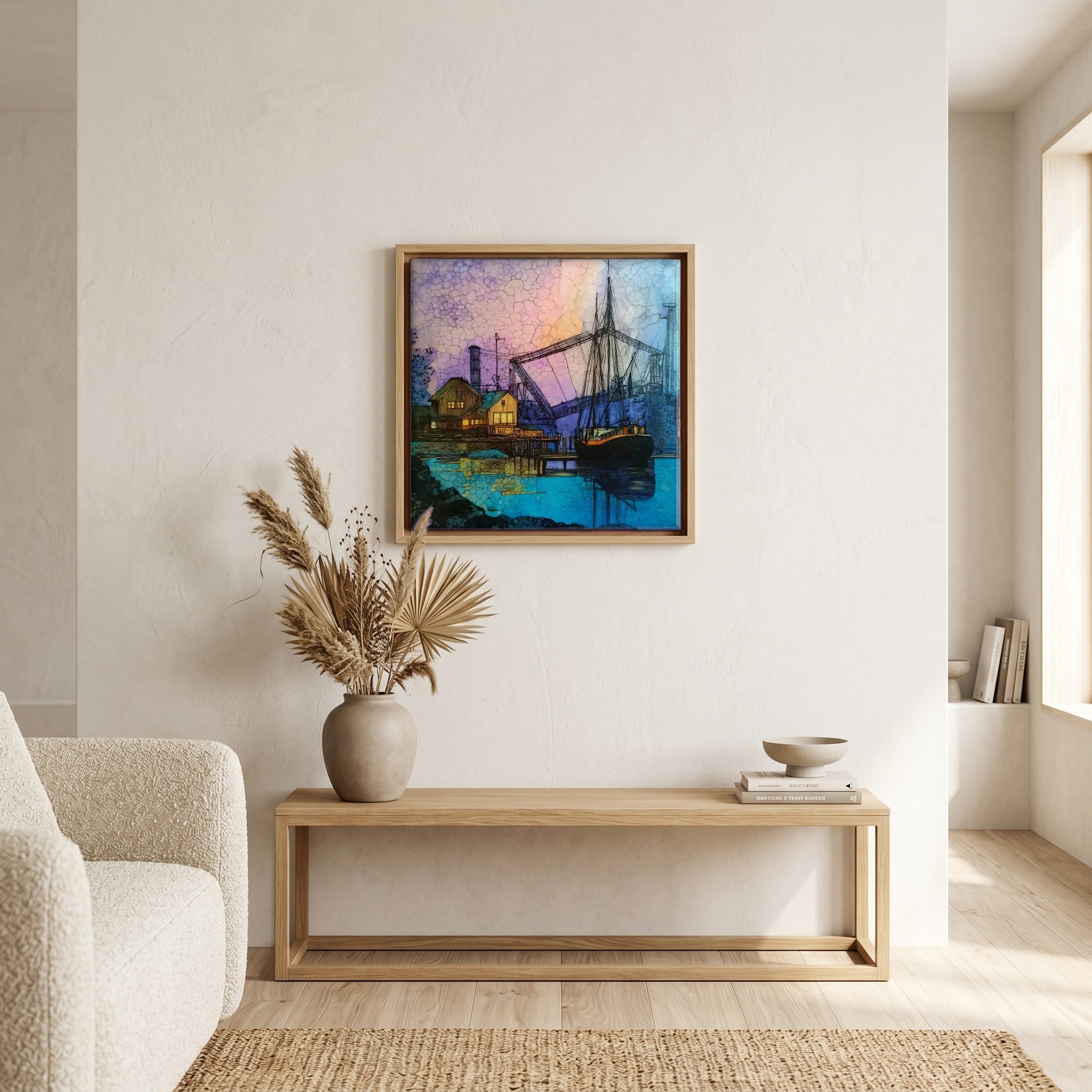 In the living room, above the sofa.