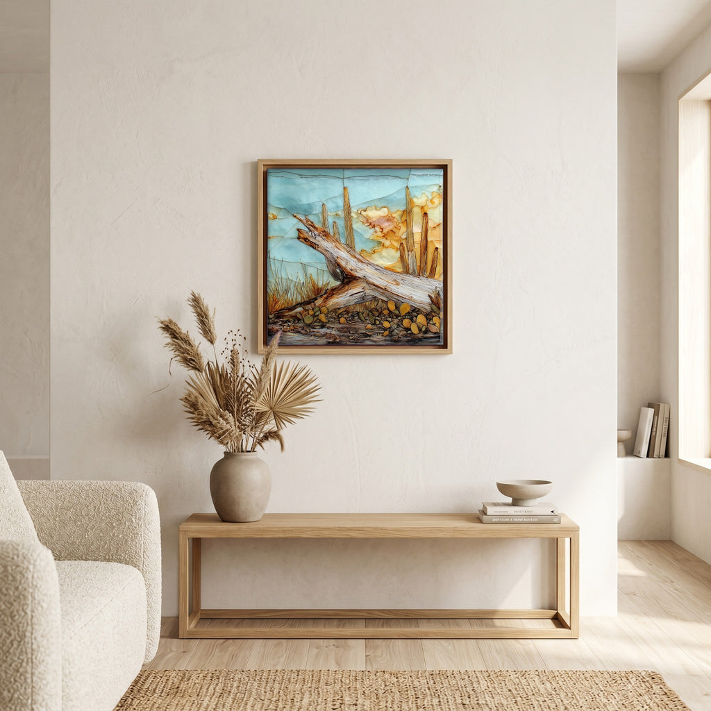 In the living room, above the sofa.