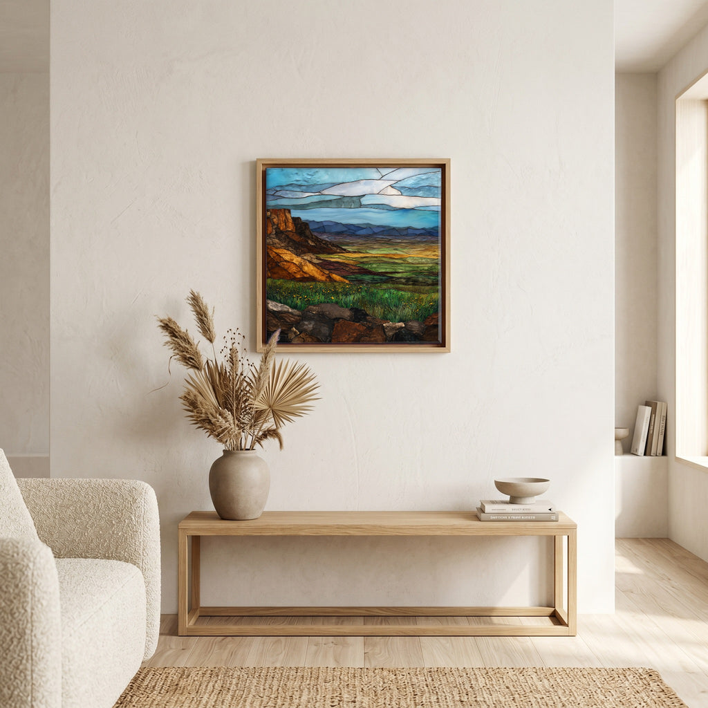 In the living room, above the sofa.