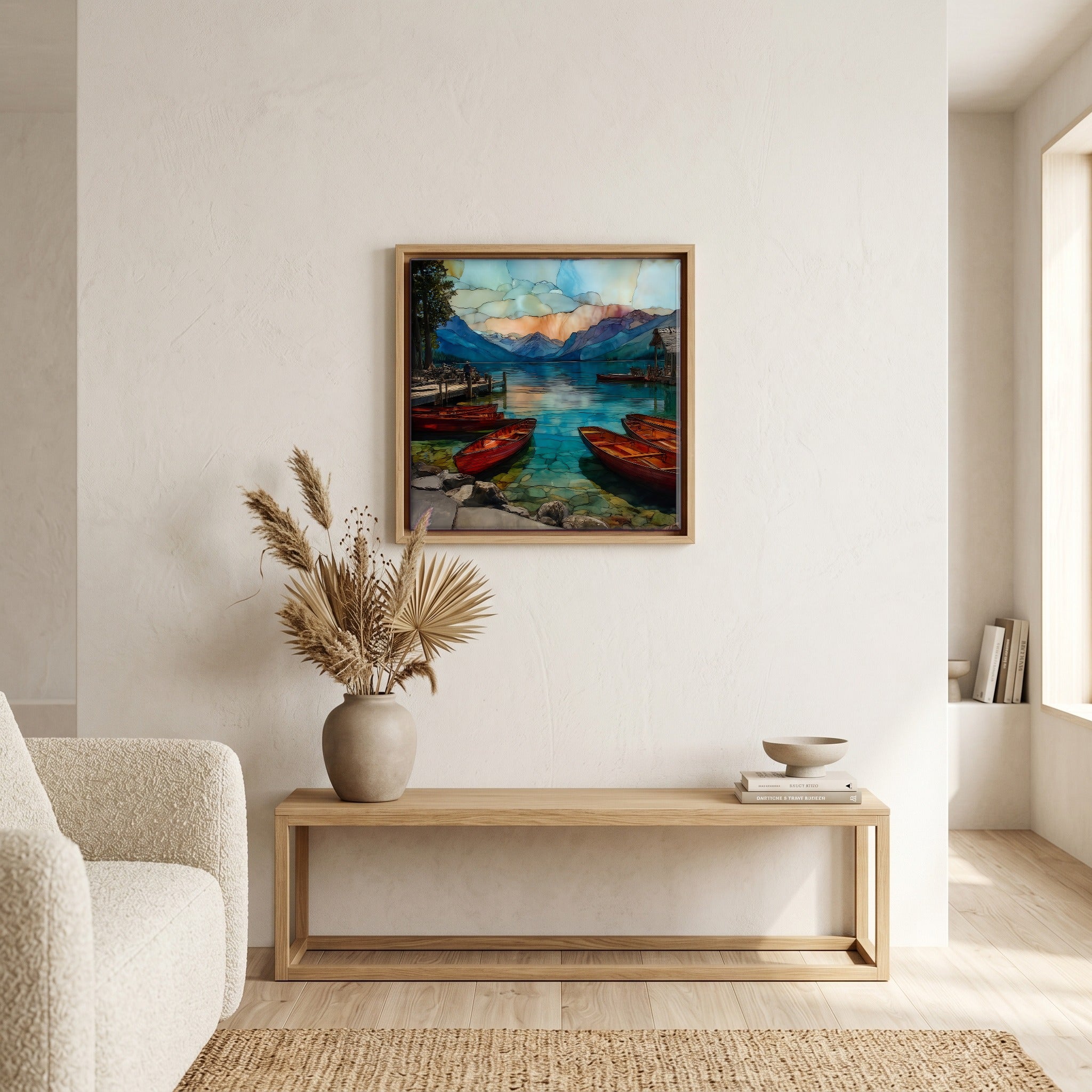 In the living room, above the sofa.