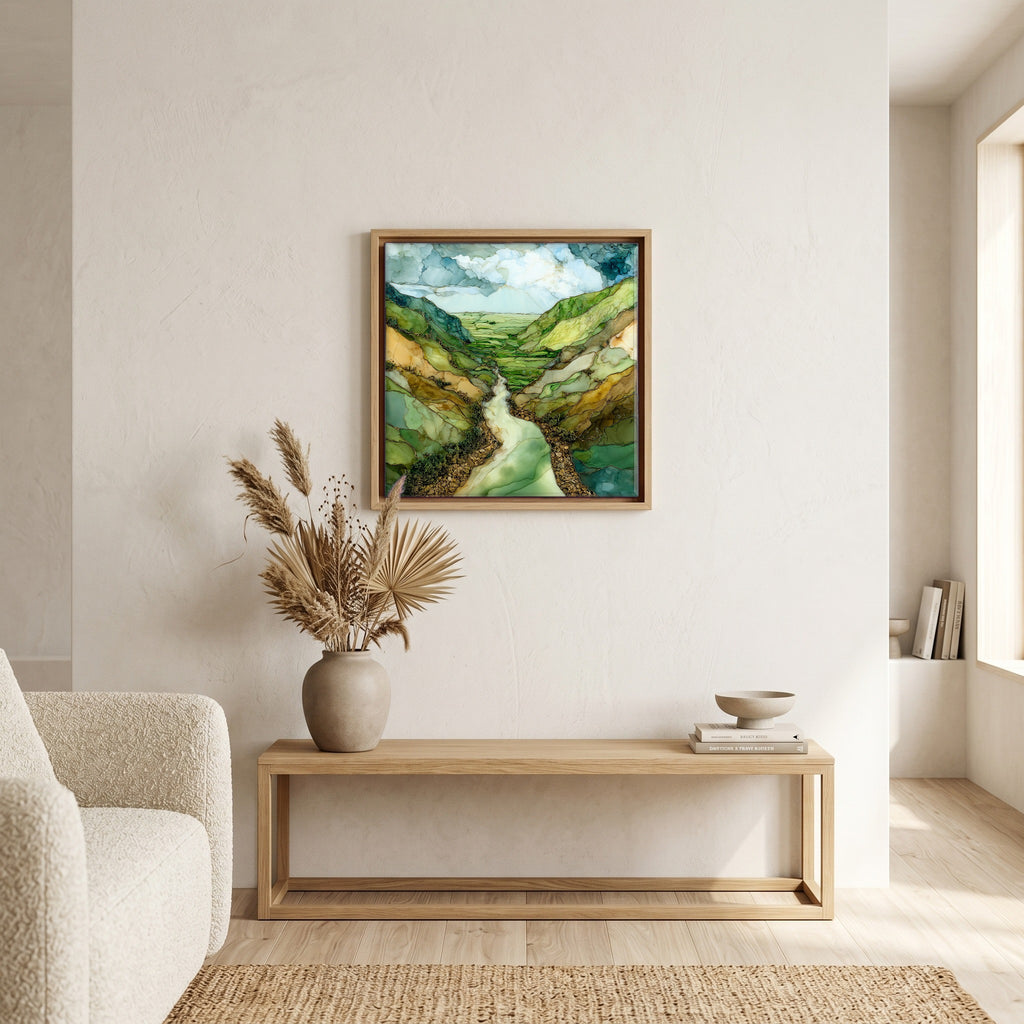 In the living room, above the sofa.