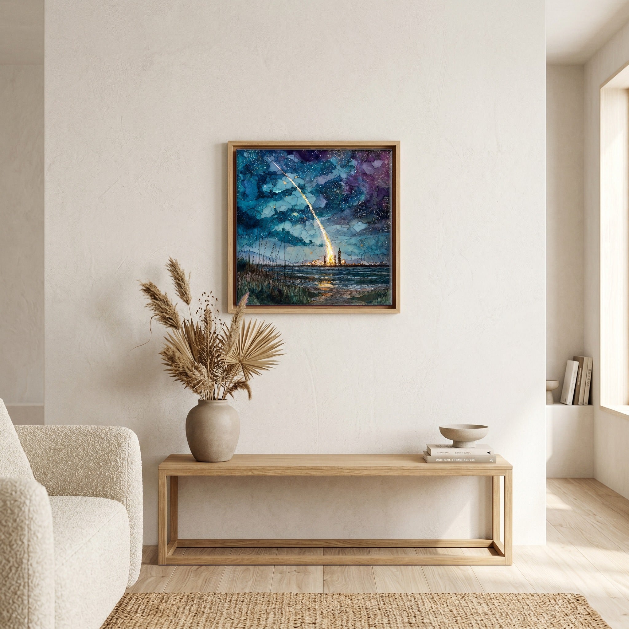 In the living room, above the sofa.