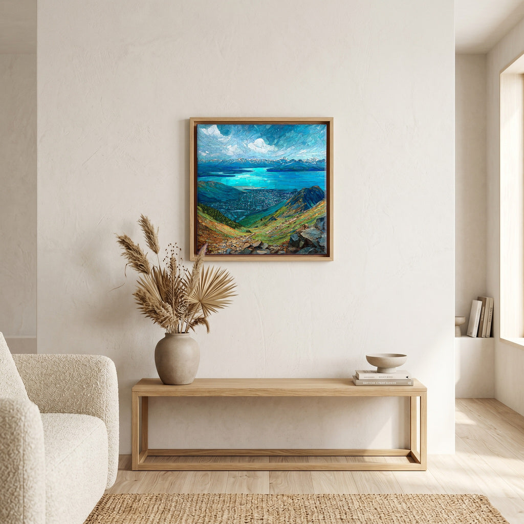 In the living room, above the sofa.