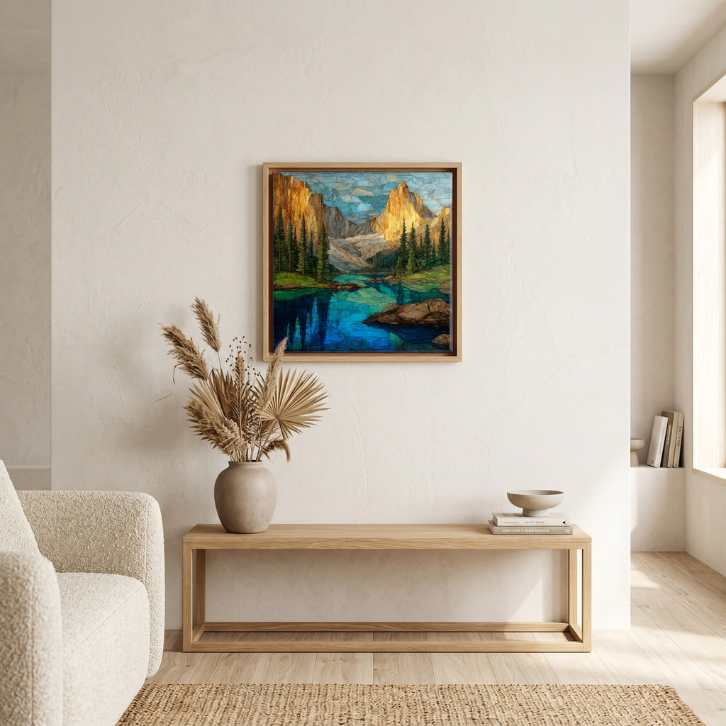 In the living room, above the sofa.