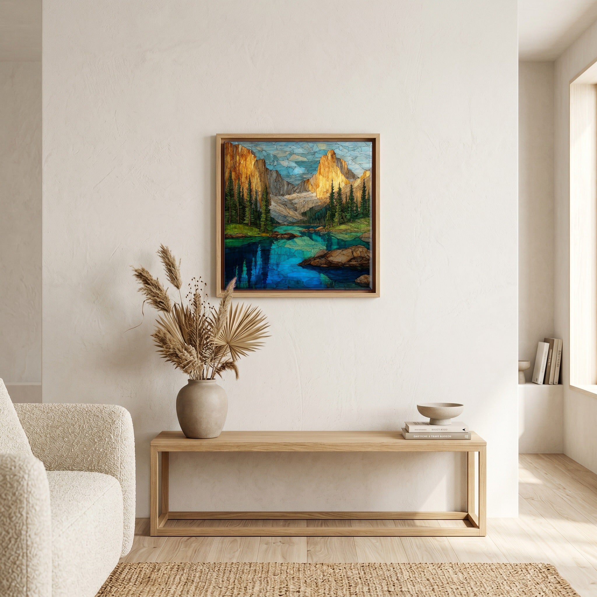 In the living room, above the sofa.