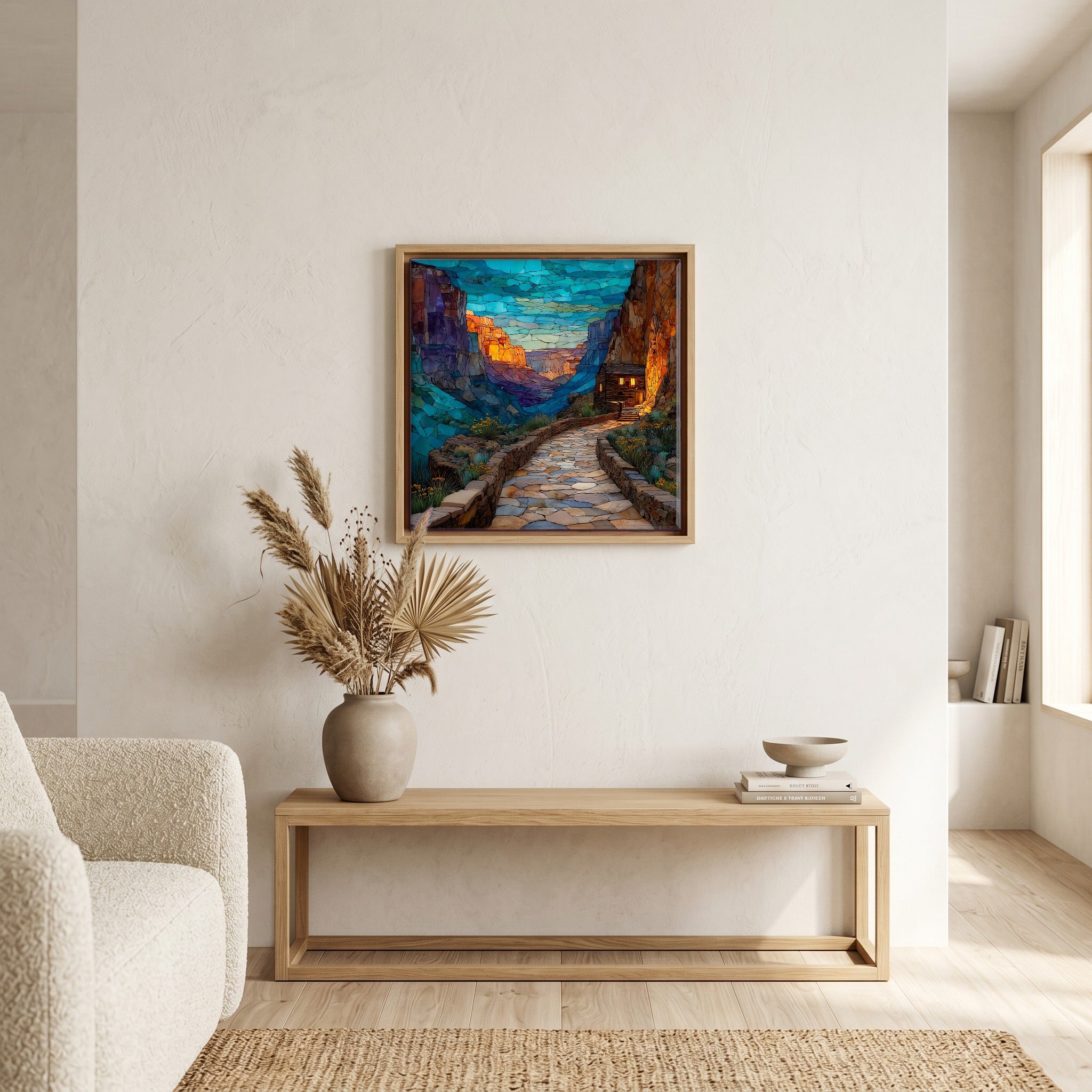 In the living room, above the sofa.