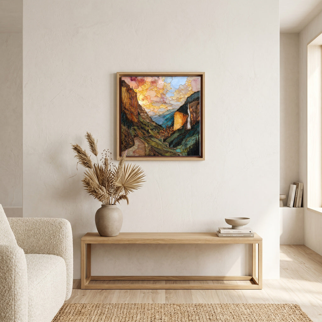 In the living room, above the sofa.