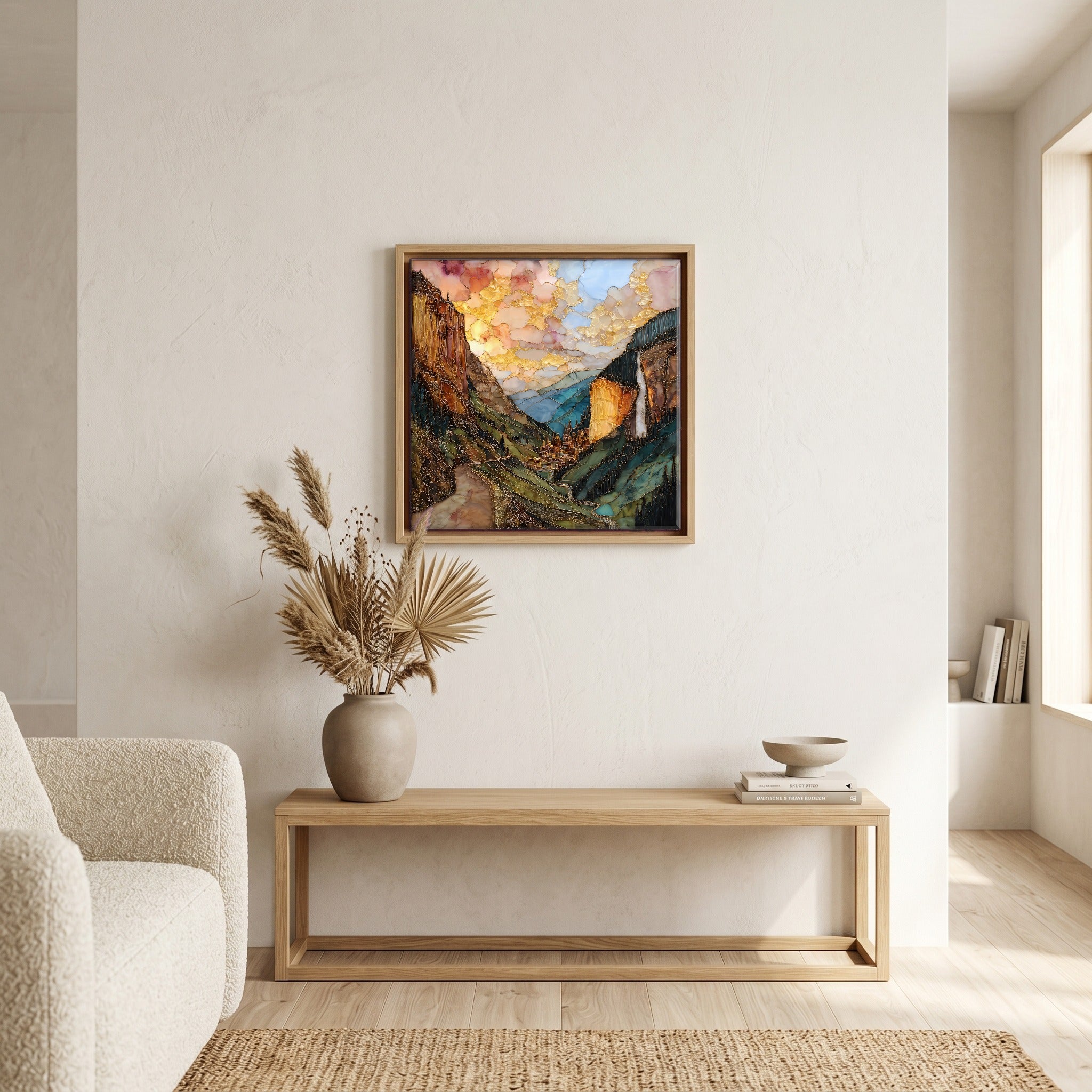 In the living room, above the sofa.