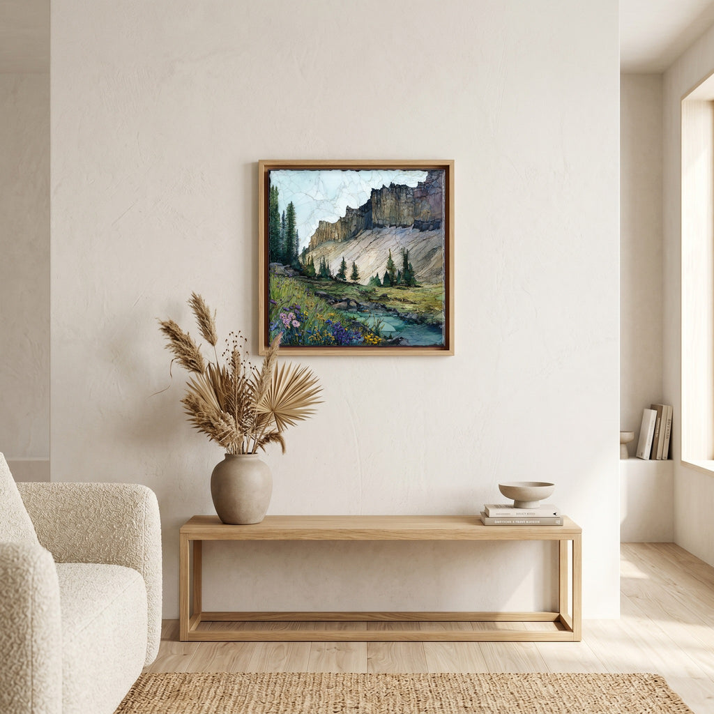 In the living room, above the sofa.