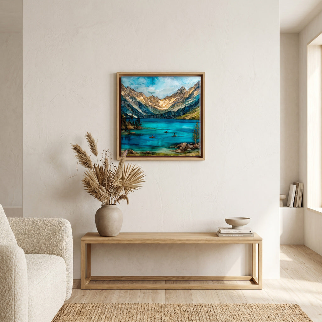 In the living room, above the sofa.