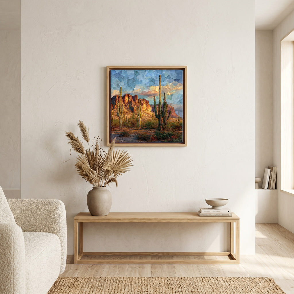 In the living room, above the sofa.