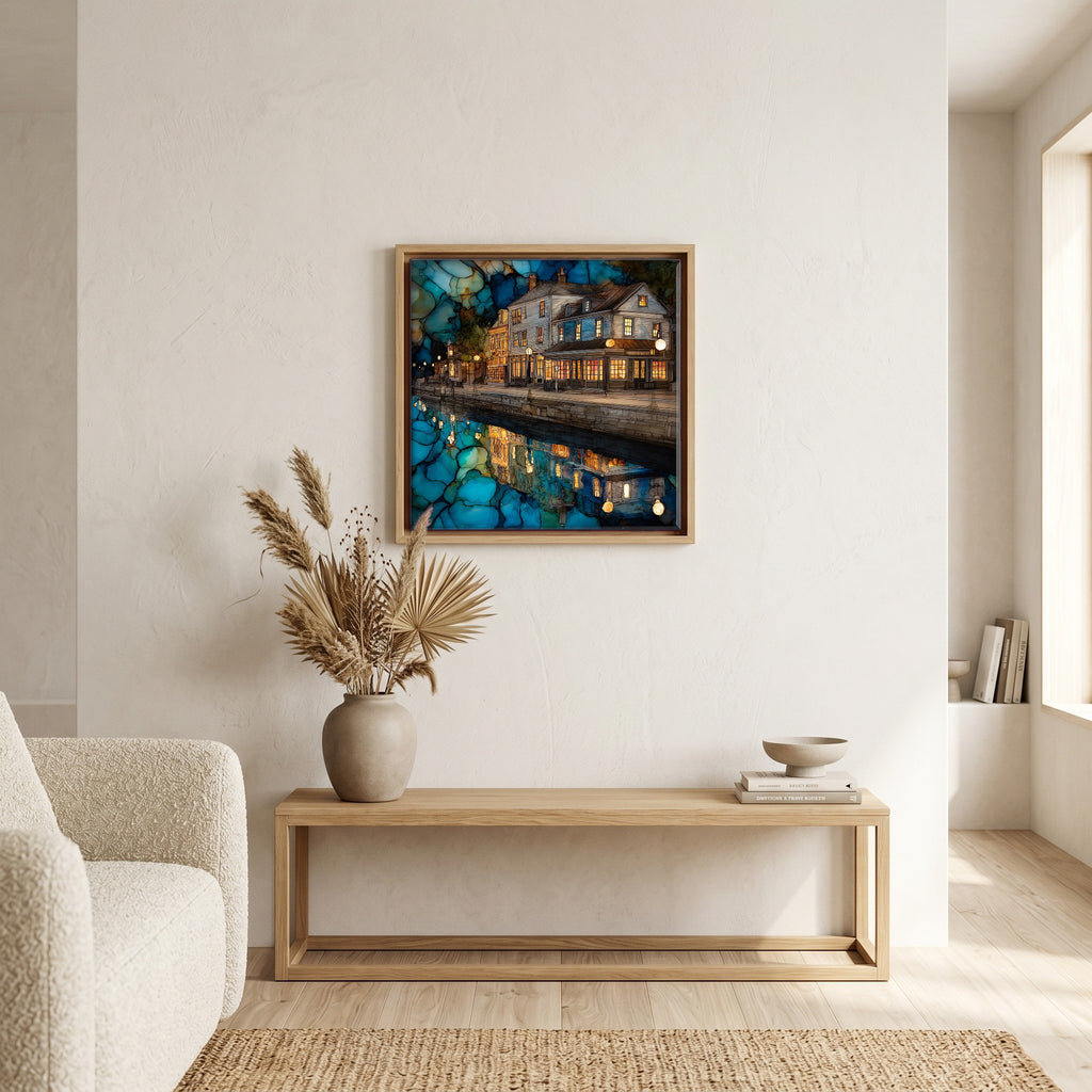 In the living room, above the sofa.