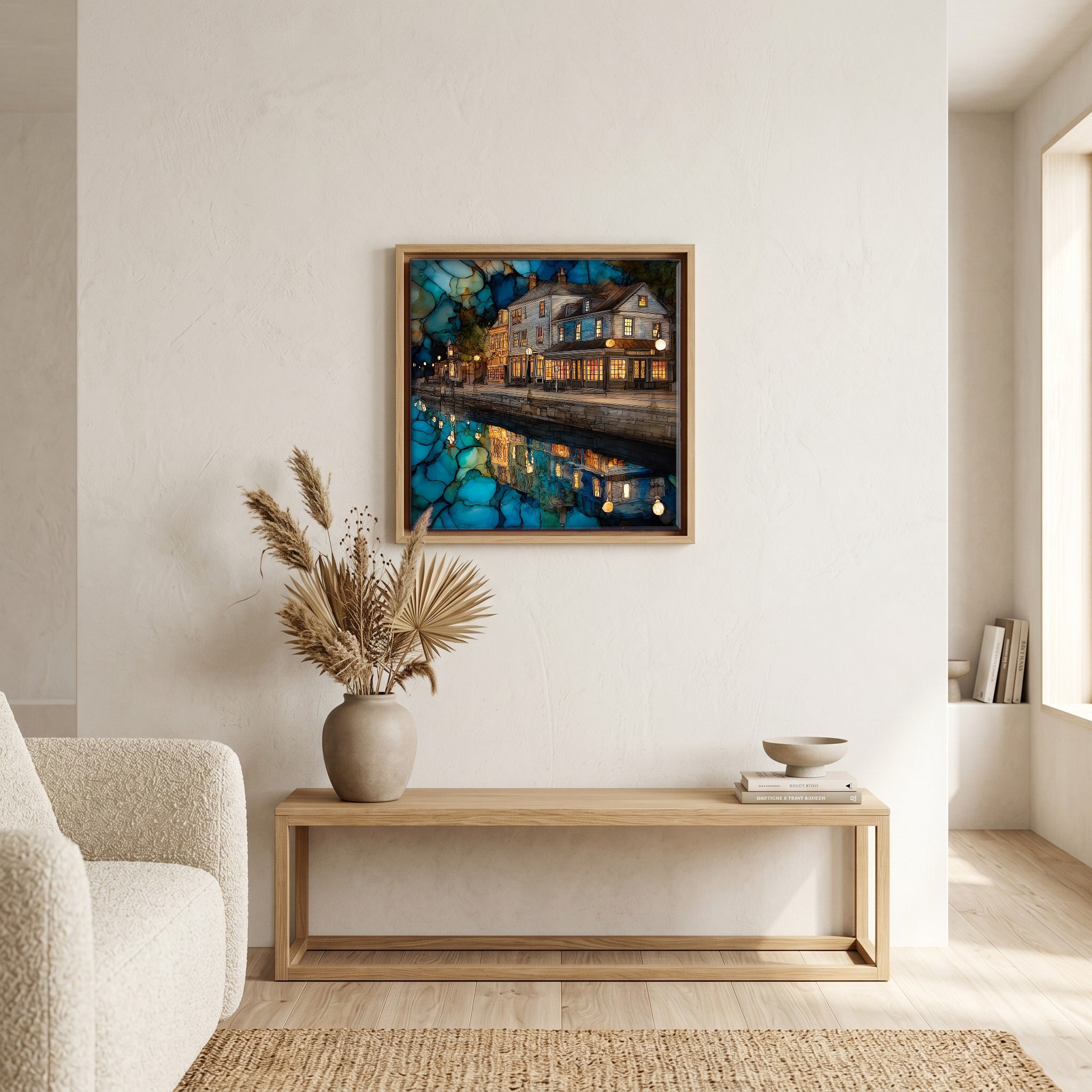 In the living room, above the sofa.