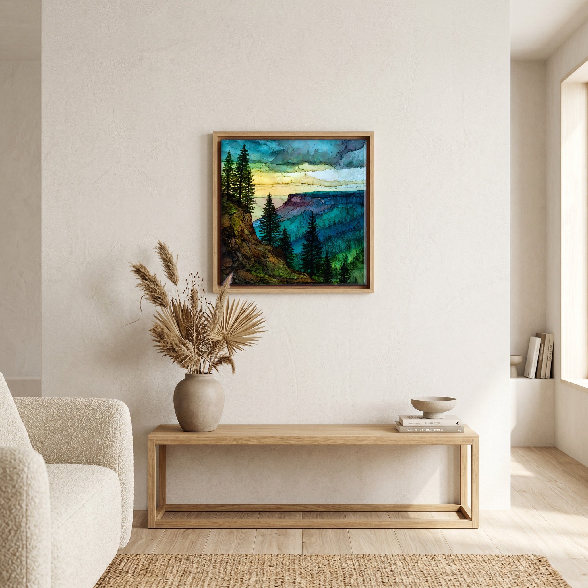 In the living room, above the sofa.