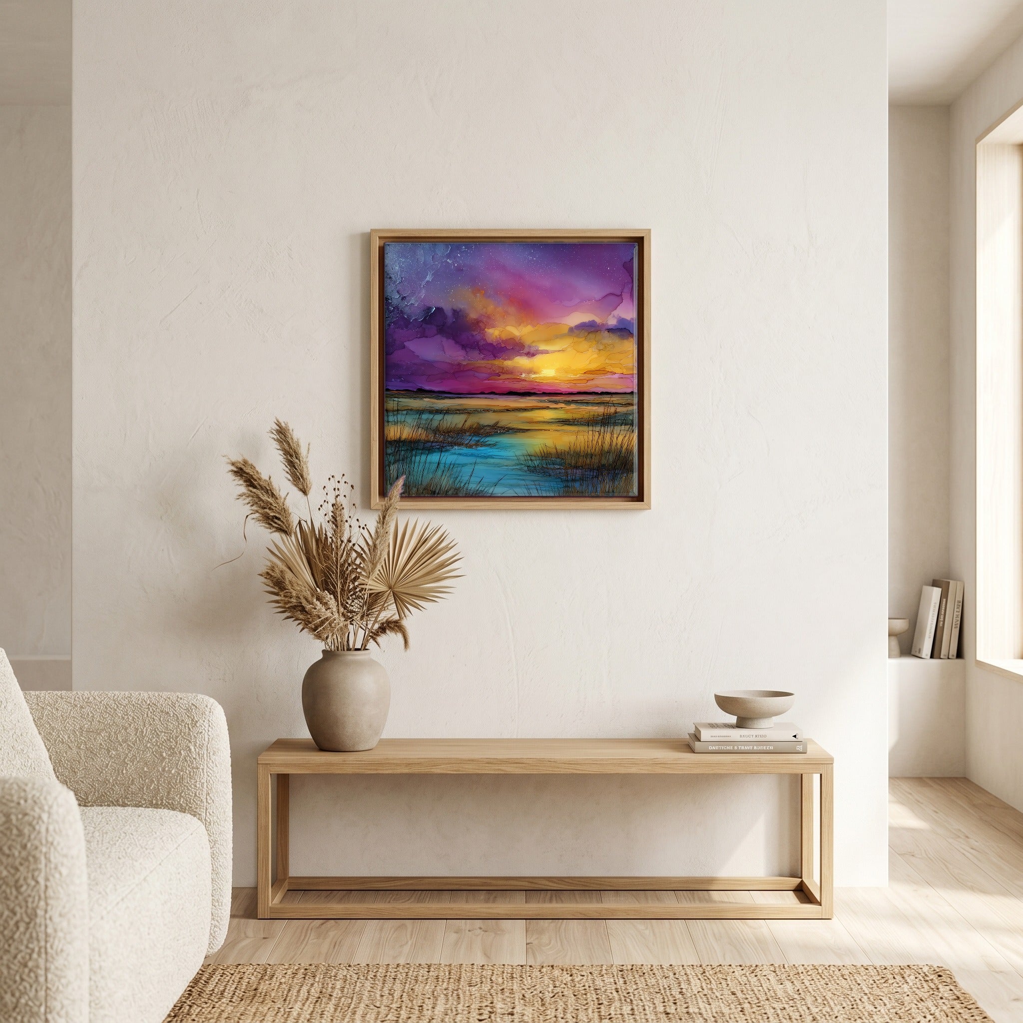 Above the bench, in a warm oak surround.