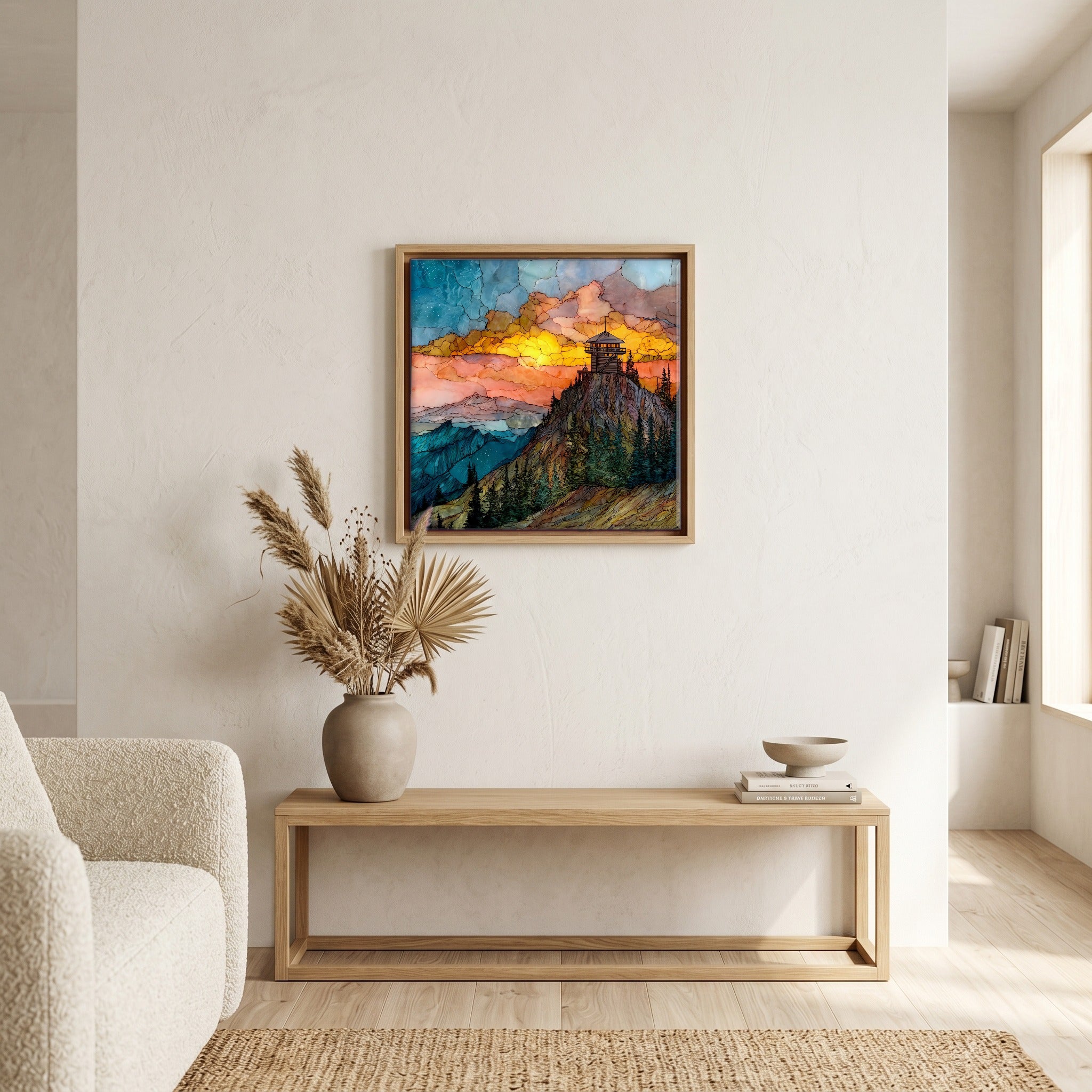 In the living room, above the sofa.