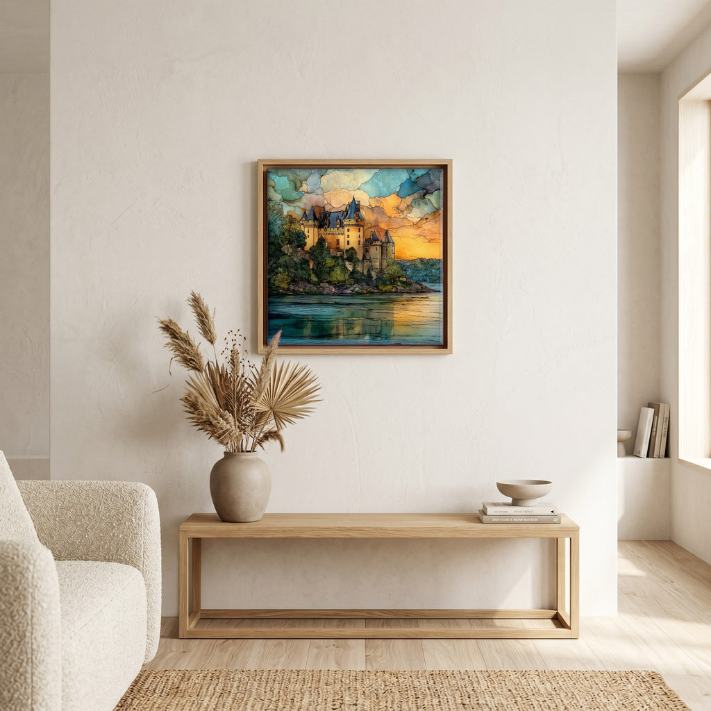 Above the bench, in a warm oak surround.