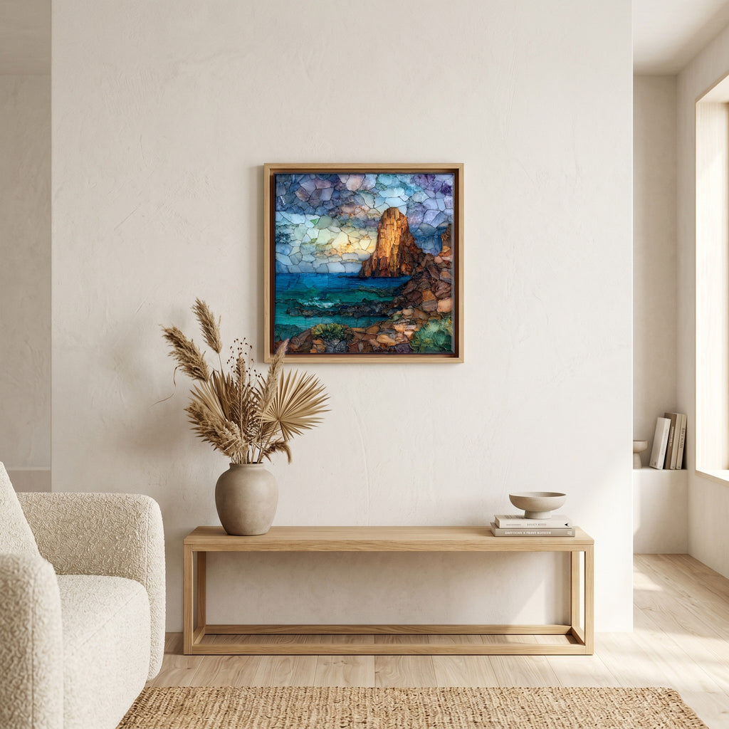 In the living room, above the sofa.