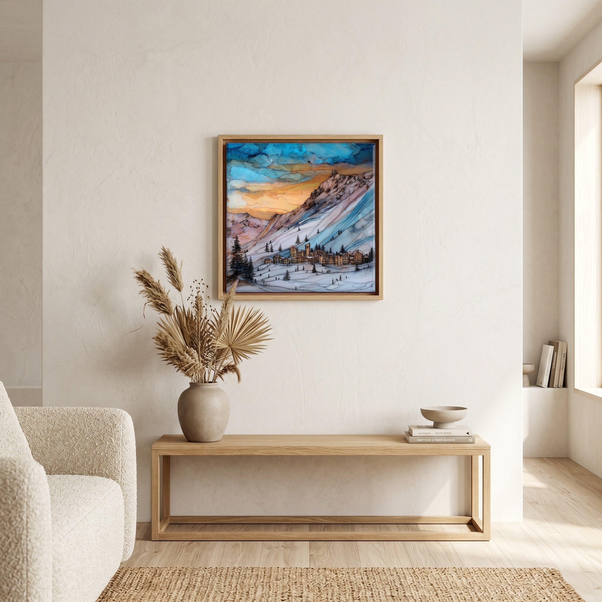 Above the bench, in a warm oak surround.