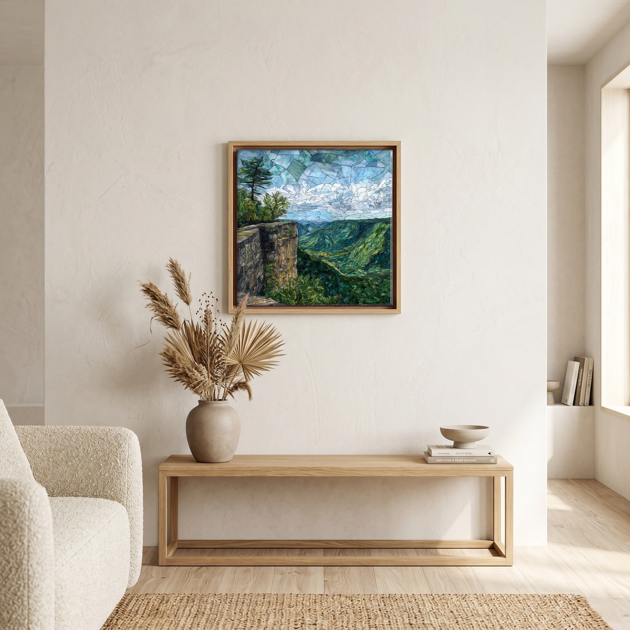 In the living room, above the sofa.