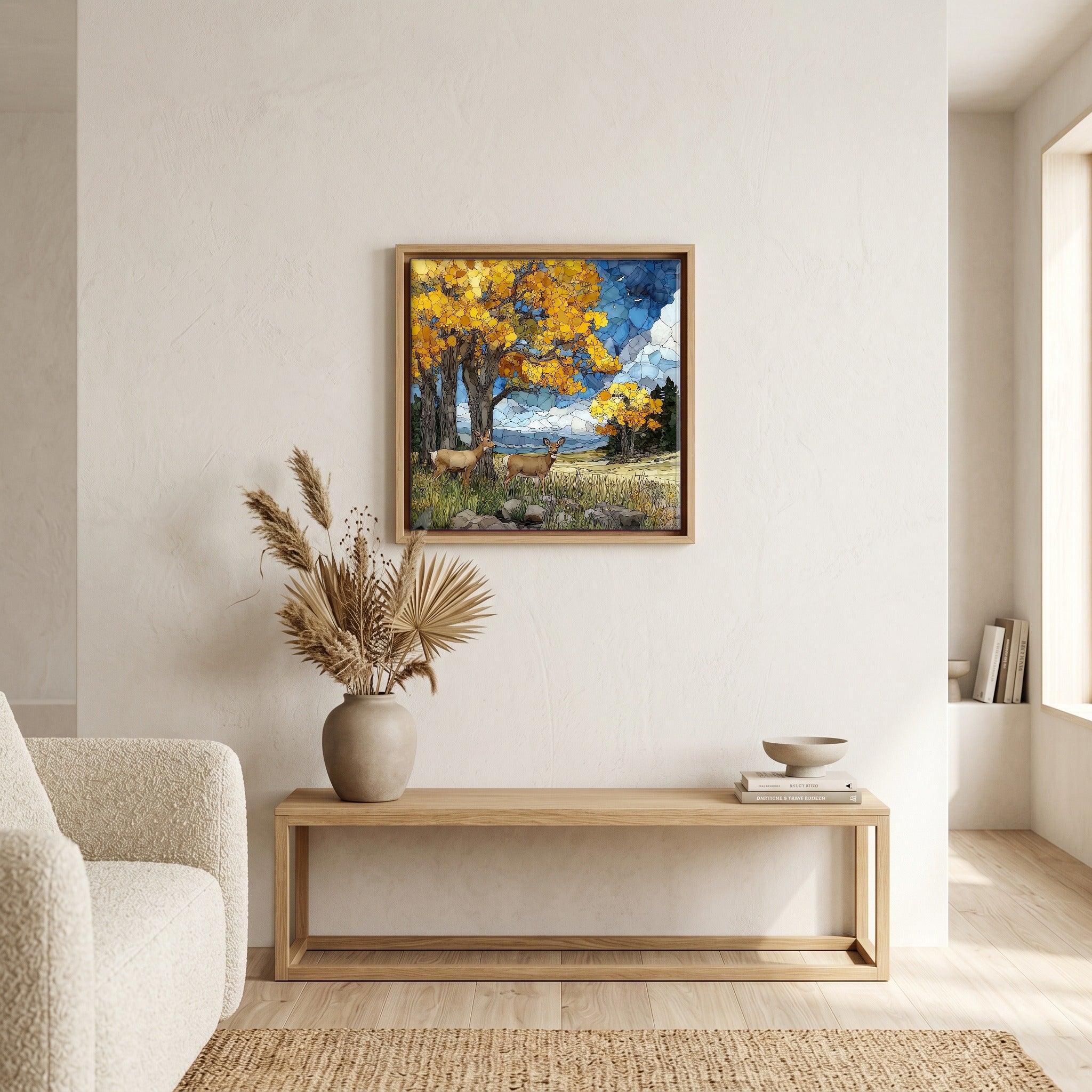 In the living room, above the sofa.