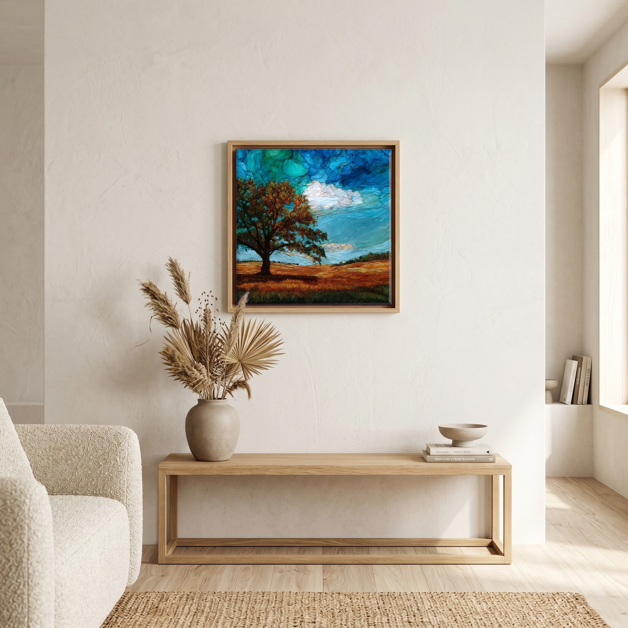 In the living room, above the sofa.