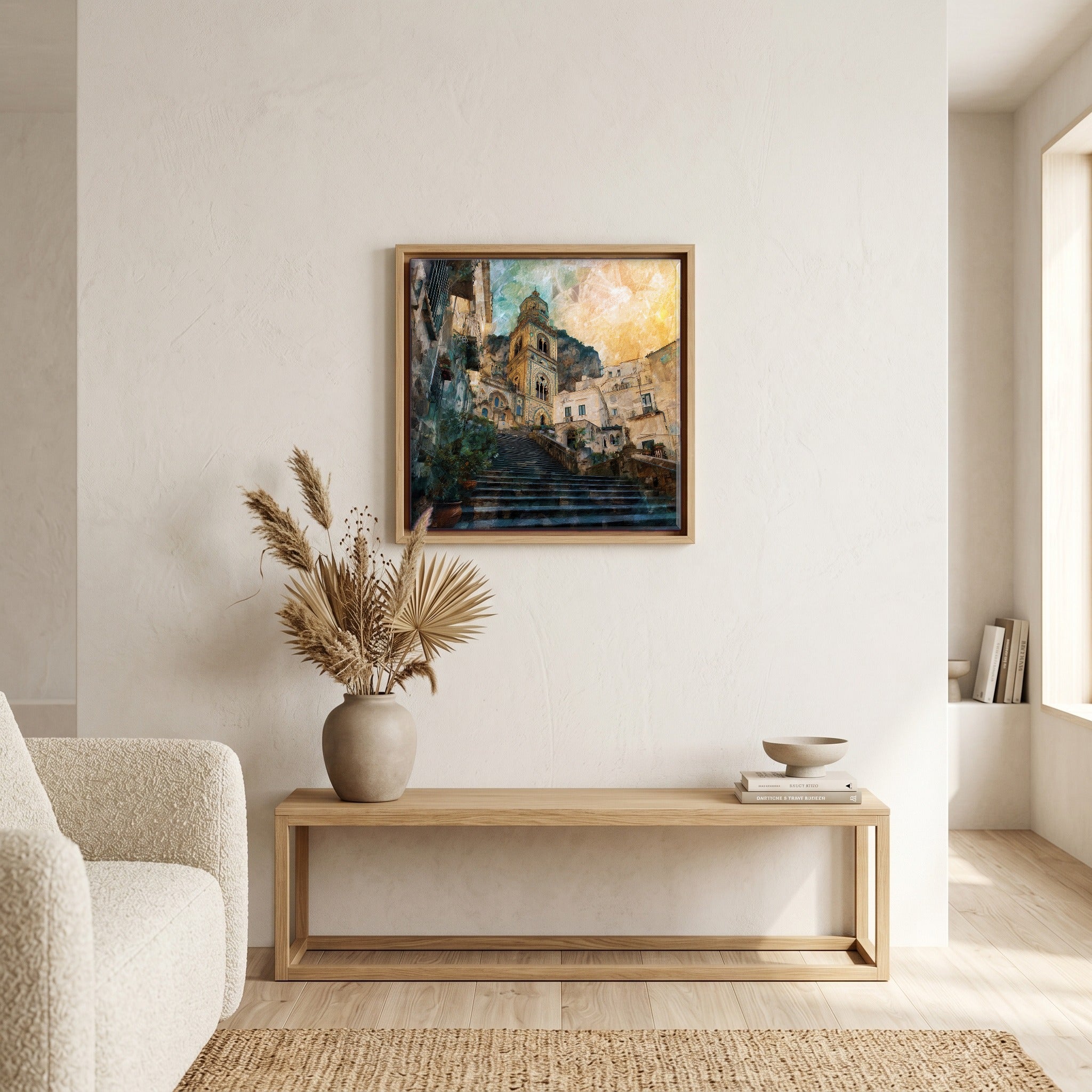 Above the bench, in a warm oak surround.