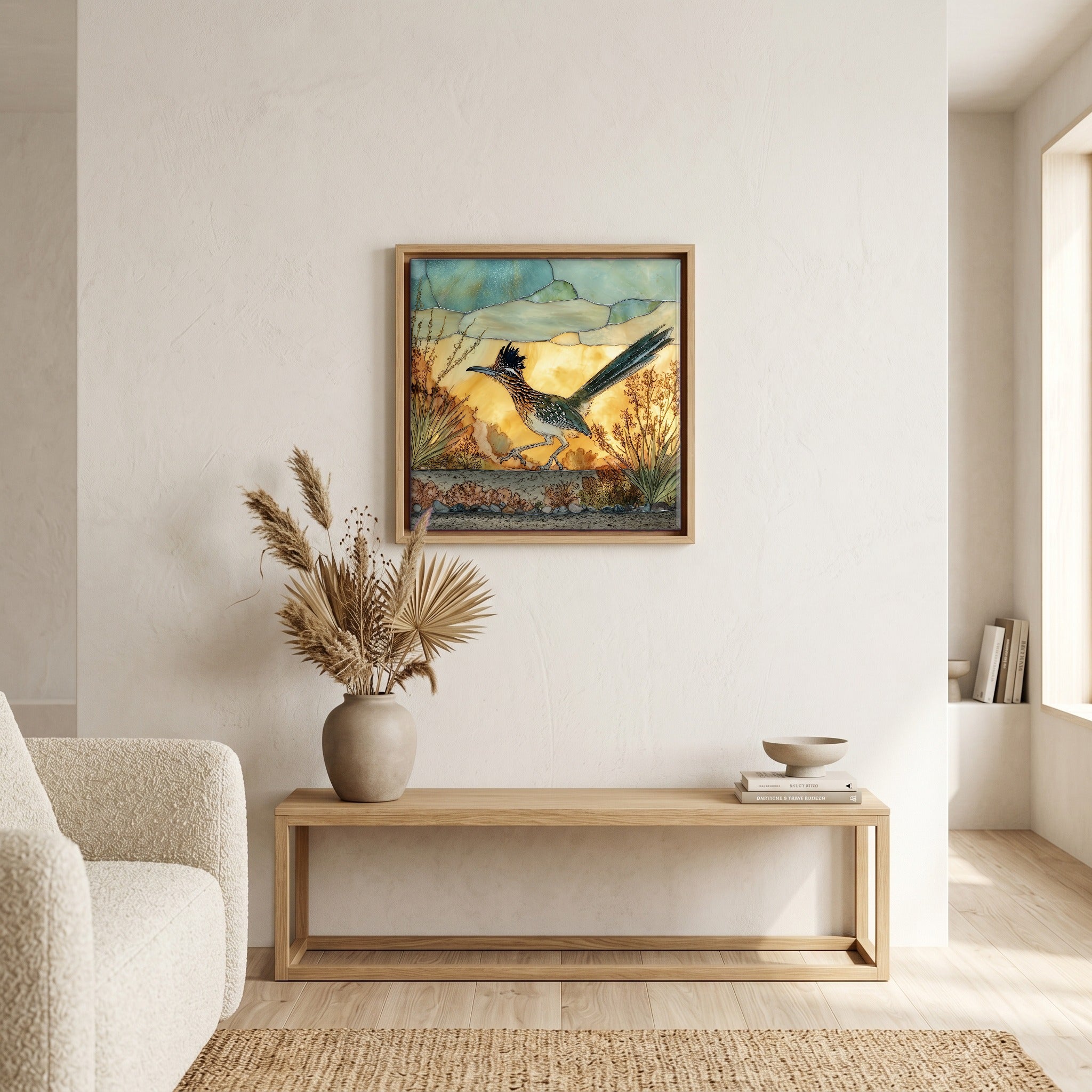 In the living room, above the sofa.